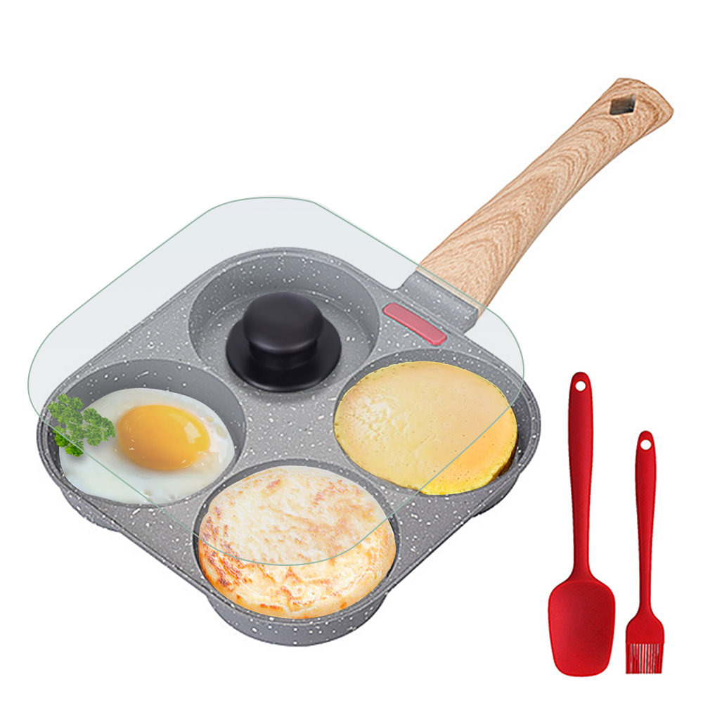 Egg Waffle Pan - กระทะทอดไข่ 4 ช่องแบบไม่ติดกระทะ พร้อมฝาปิดแบบพลิกได้ ทำจากอะลูมิเนียม พร้อมตะหลิวและแปรง
